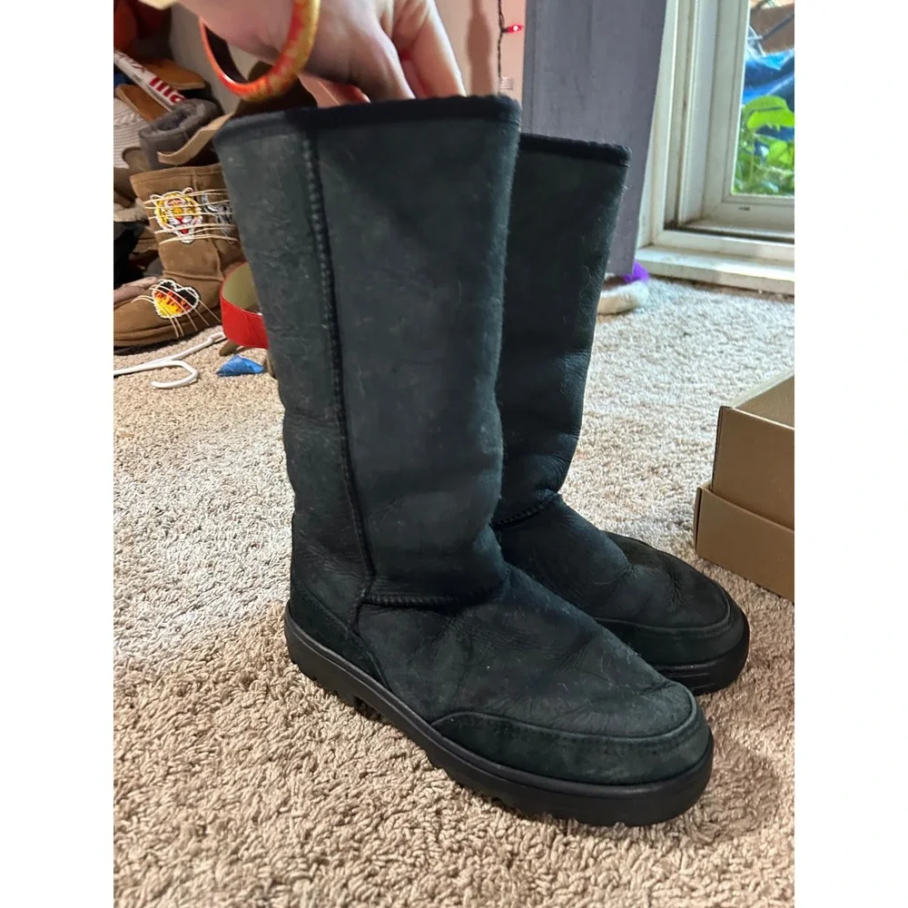 UGG Black Suede Tall Sheepskin Boots Embroidered Western‎ Boho Apres Women 8
